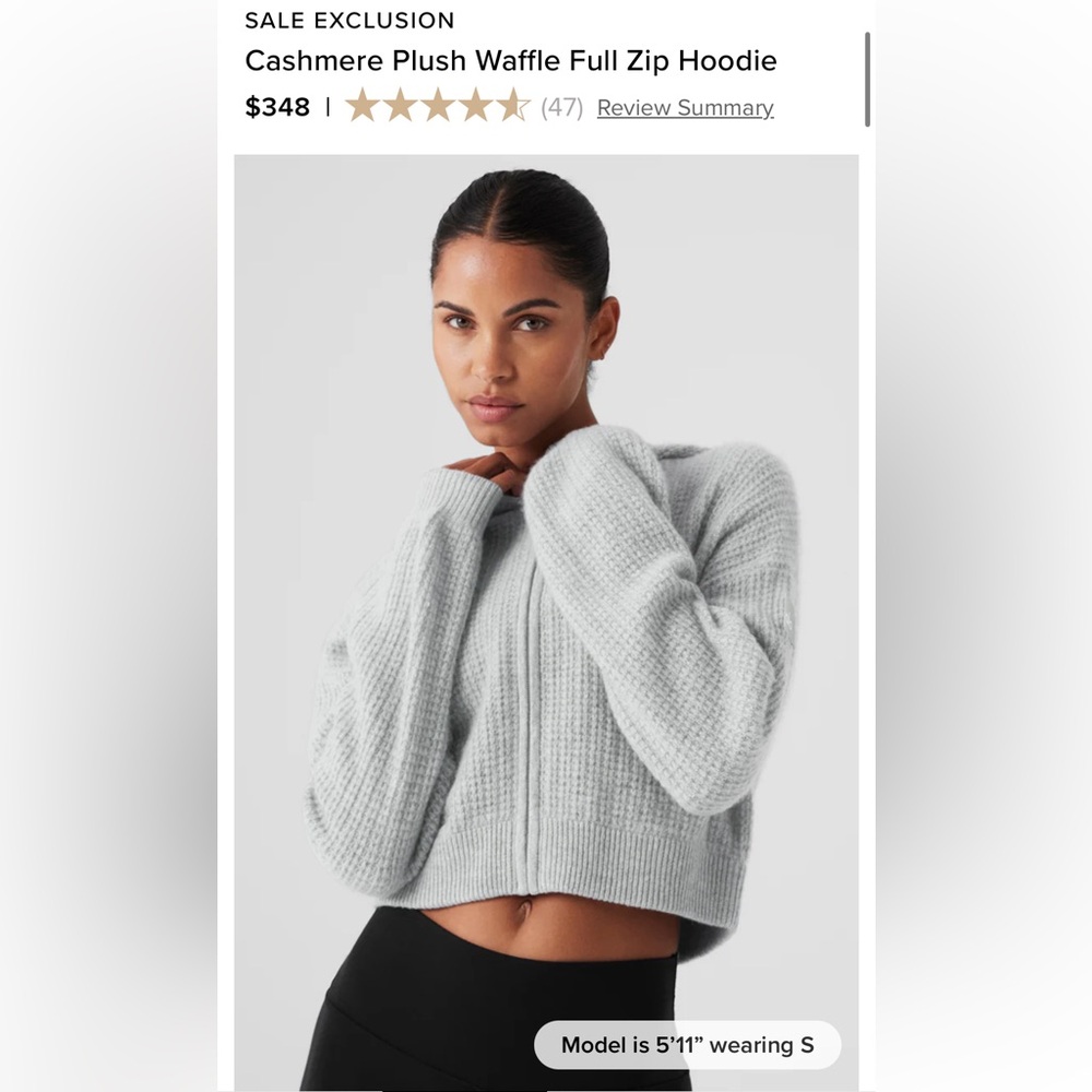 NWOT ALO Cashmere Plush Waffle Full Zip Hoodie
Size:XS